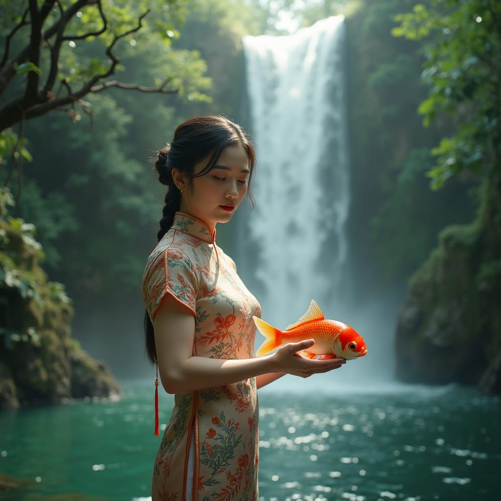 Chinese Woman with Fish Under Waterfall