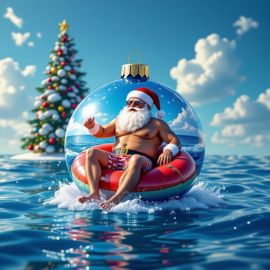 Santa in Swim Trunks Christmas Ball on Ocean Raft
