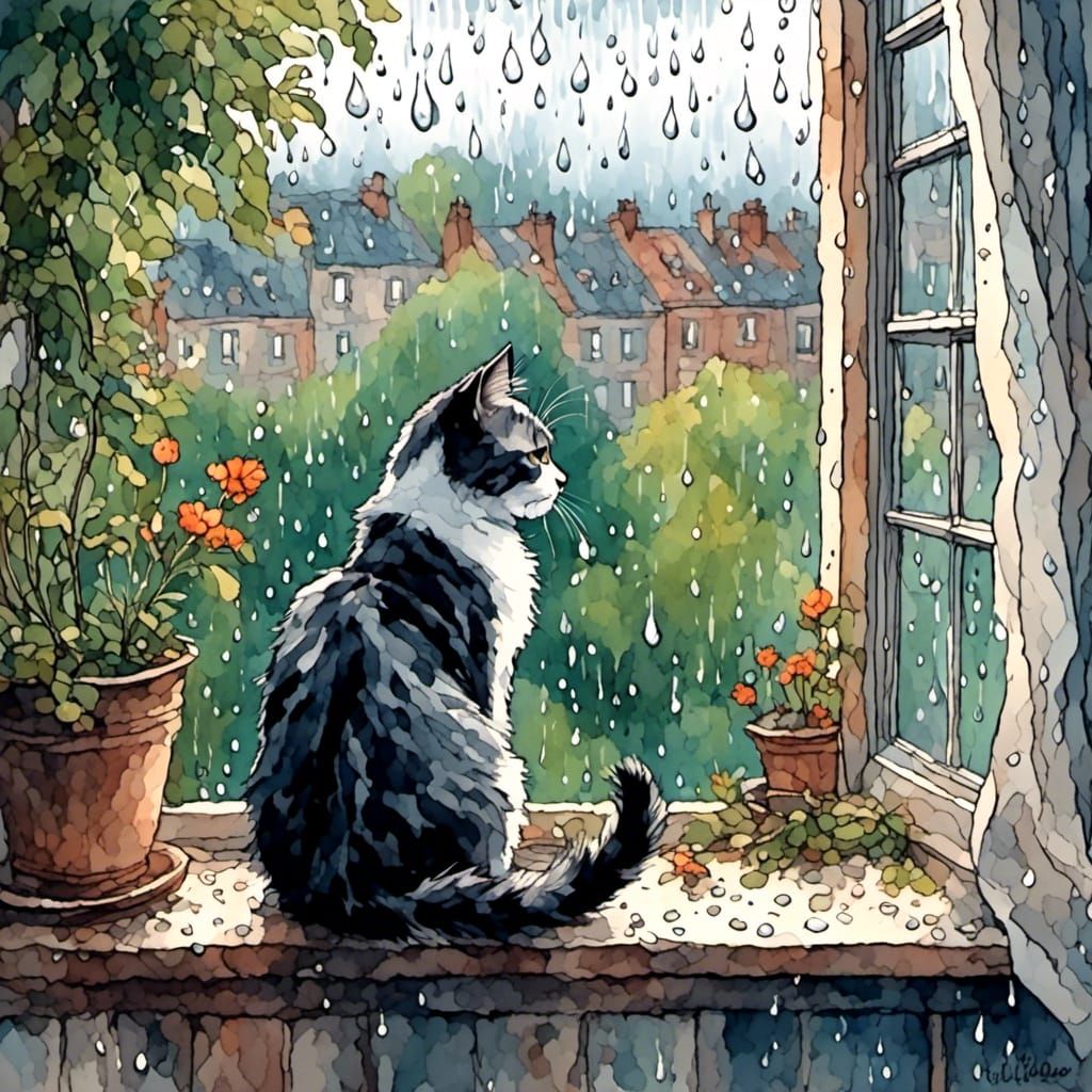 Cat Gazing at Rain in Watercolor Mosaic Style