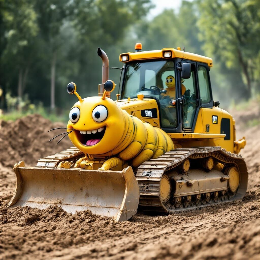 Cheerful Caterpillar Bulldozer Pushing Dirt