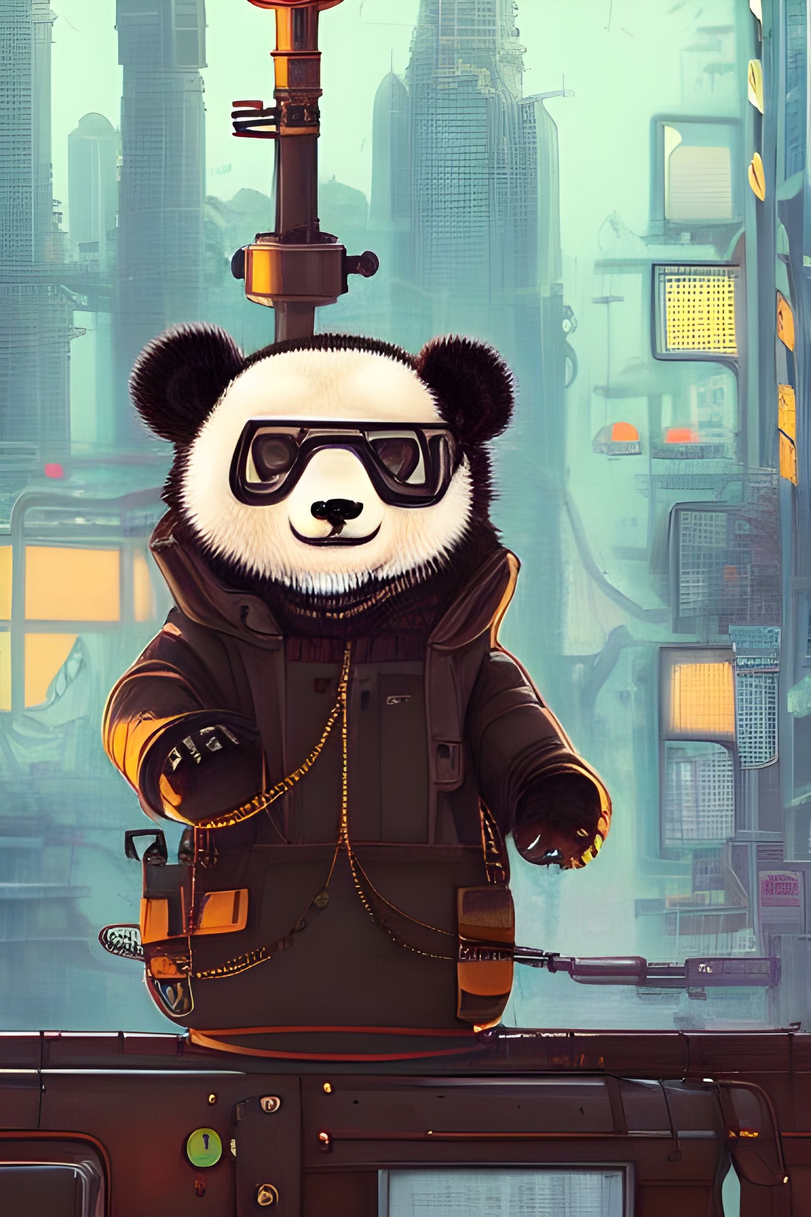 Steampunk Panda in Cyberpunk City Digital Portrait