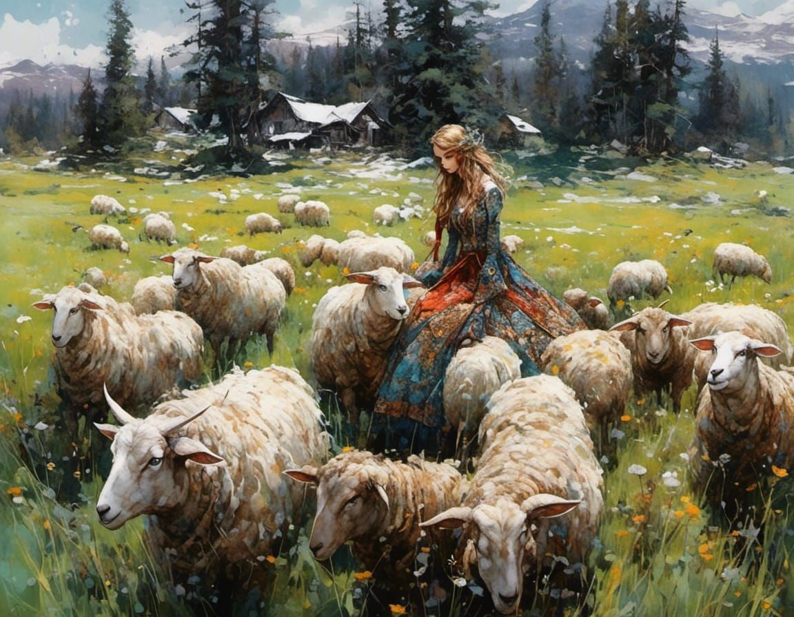 Fantastical Sheep Grazing in Deep Color