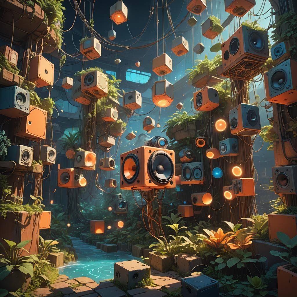 Ear Surrounded by Speakers in Ghibli Style