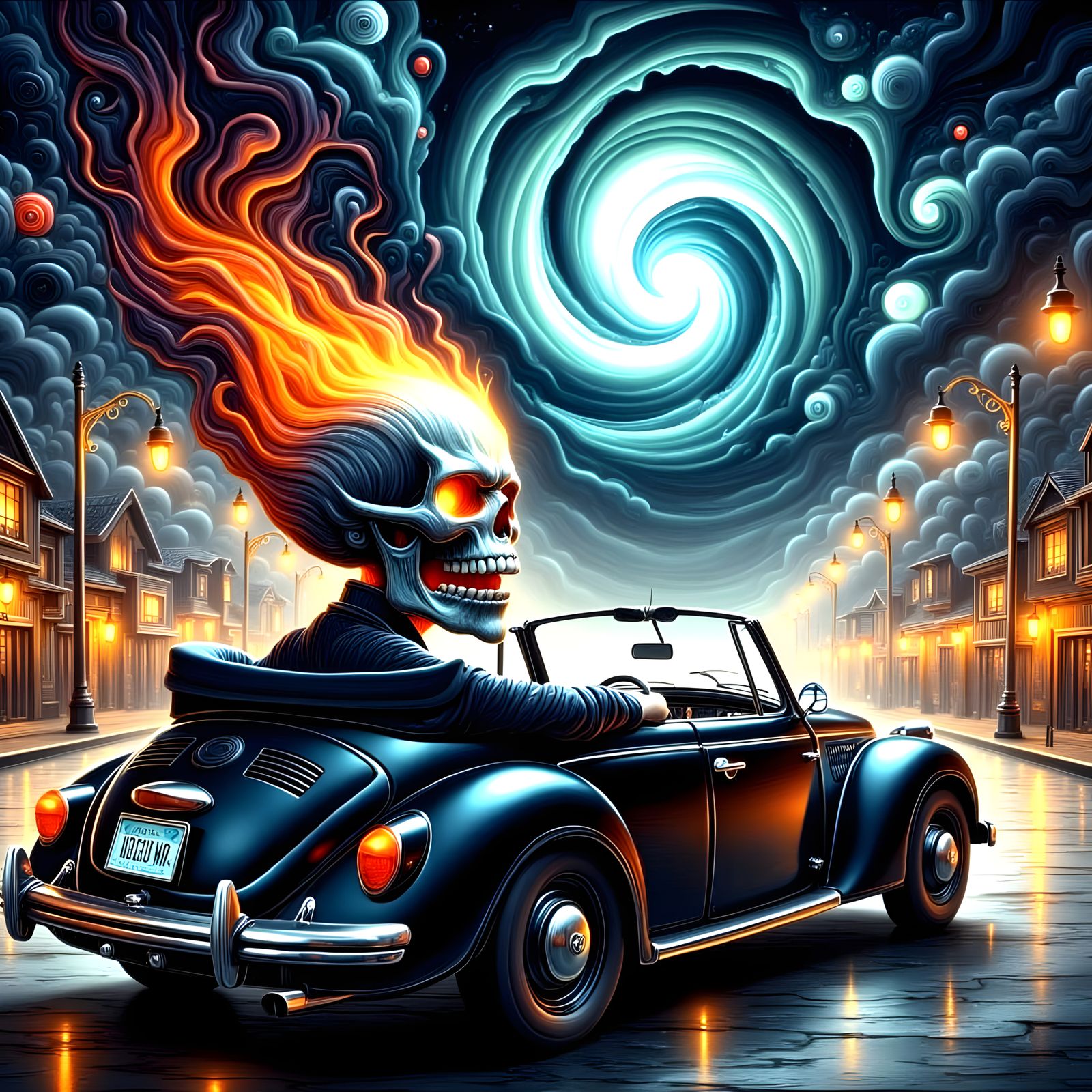 Mirthful Roadster Driver with a Fiery Skull
