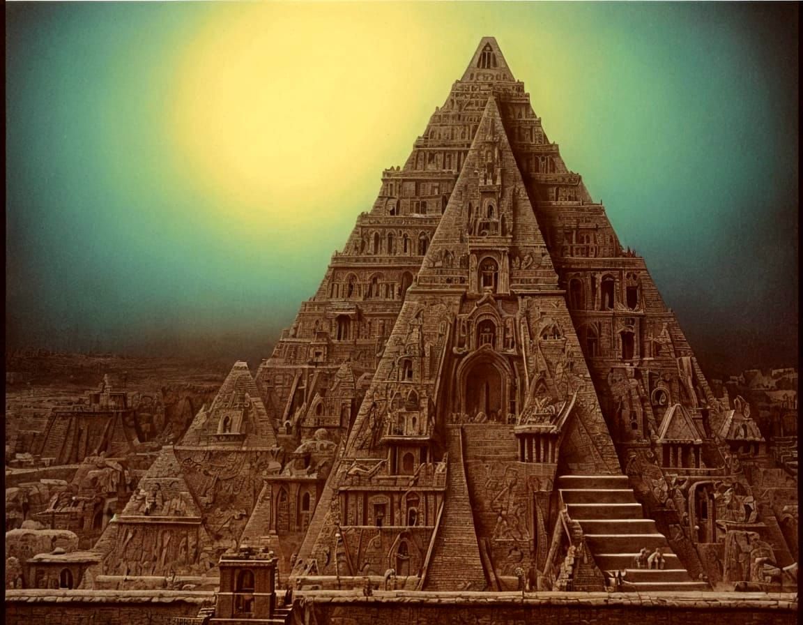 Surreal Aztec Pyramid with Drawbridges Painting