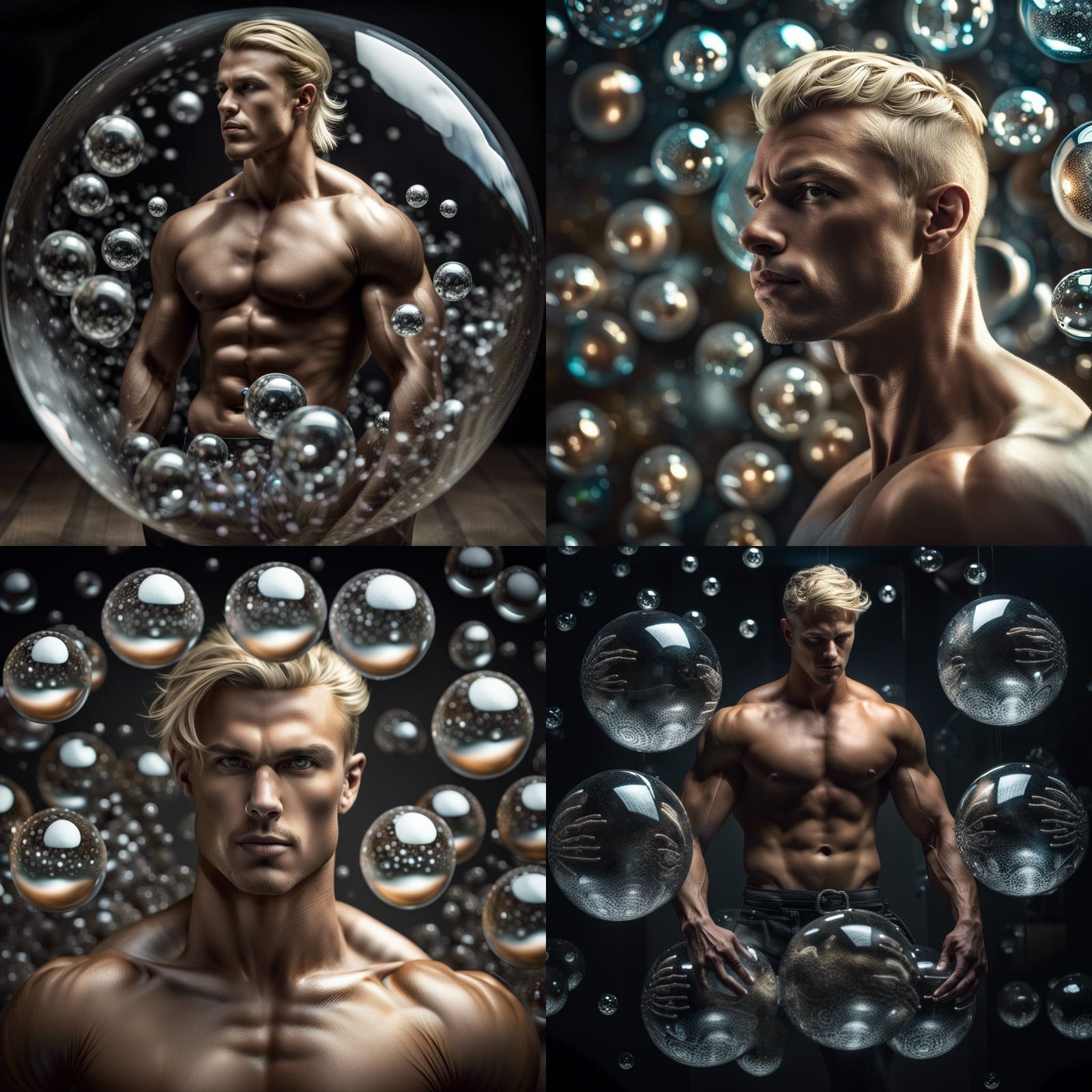 Muscular Man Surrounded by Floating Glass Spheres