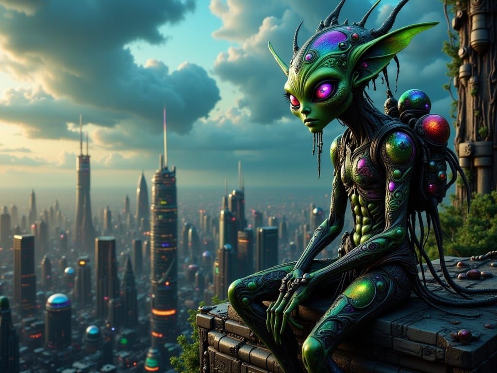 Gothic Goblin Alien Sits on Skyscraper's Edge