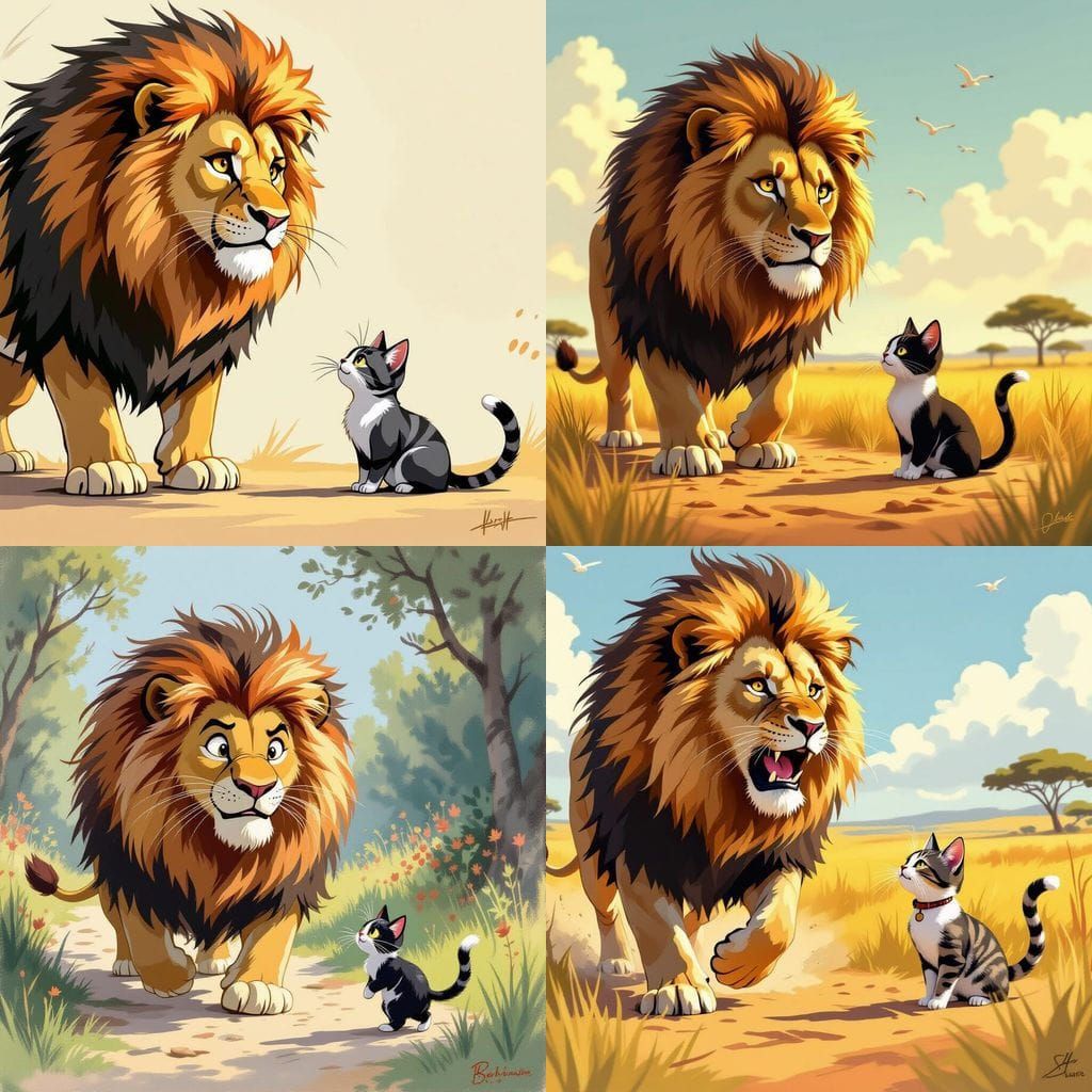 Brave Cat Confronts Frightened Lion