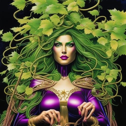 Woman with Grape Hair and Vines, Comic Book Art