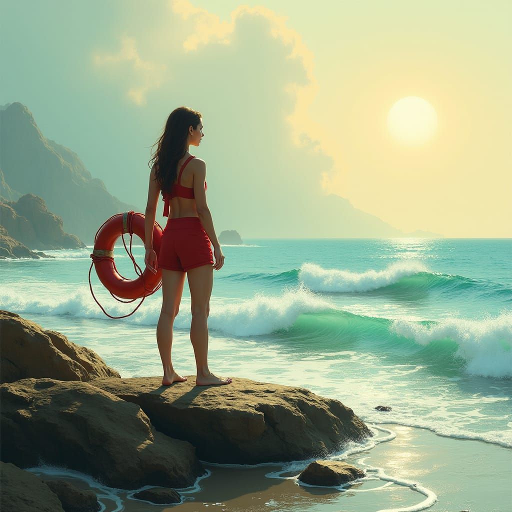 Lifeguard on Rocky Shoreline in Ethereal Digital Art Style