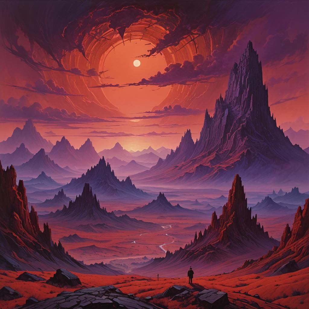 Barren Red Planet Landscape in Surreal Sci-Fi Style