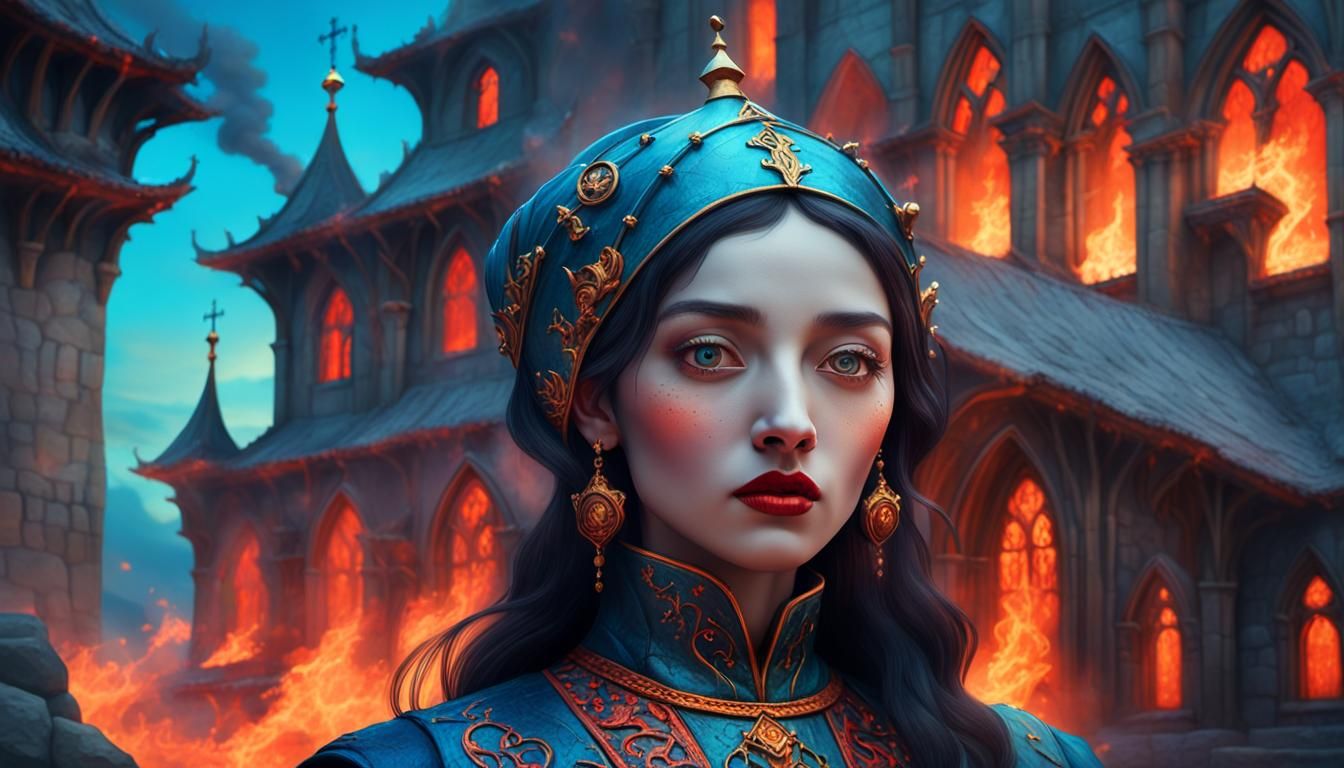 Burning Gothic Church in Surrealist Style