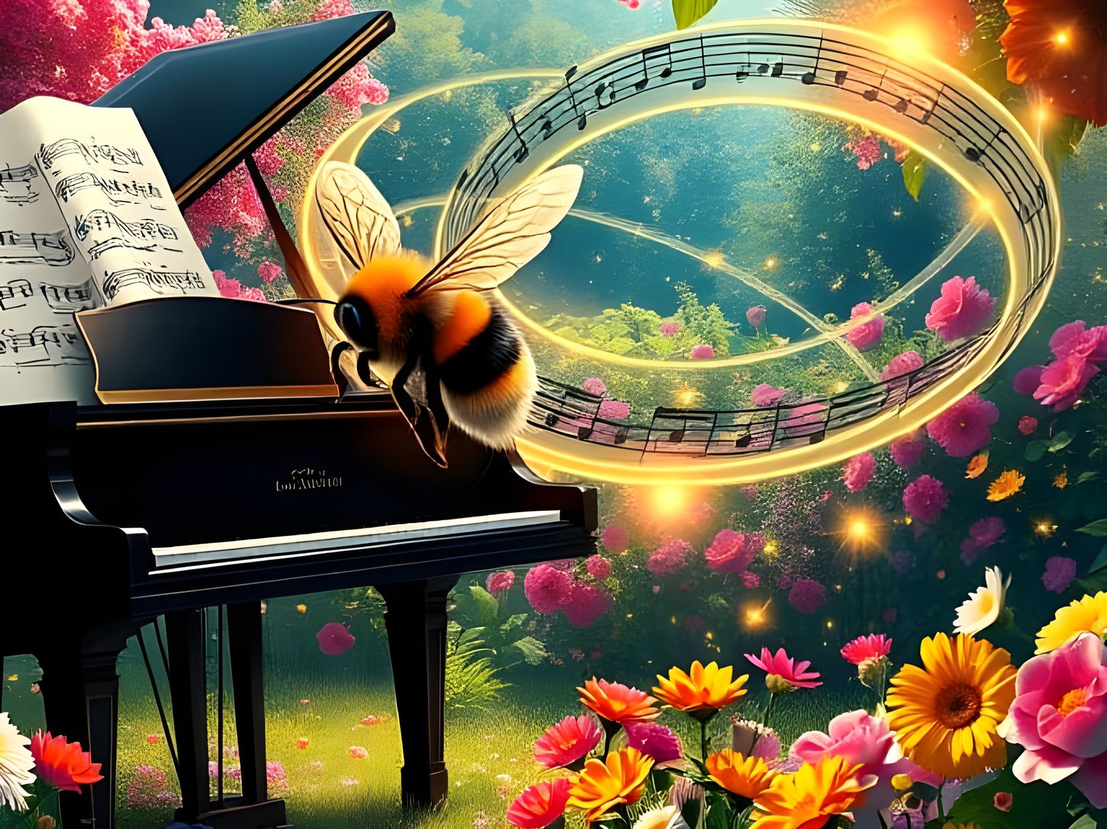 Lush Garden Scene with Grand Piano and Dancing Bumblebee in ...