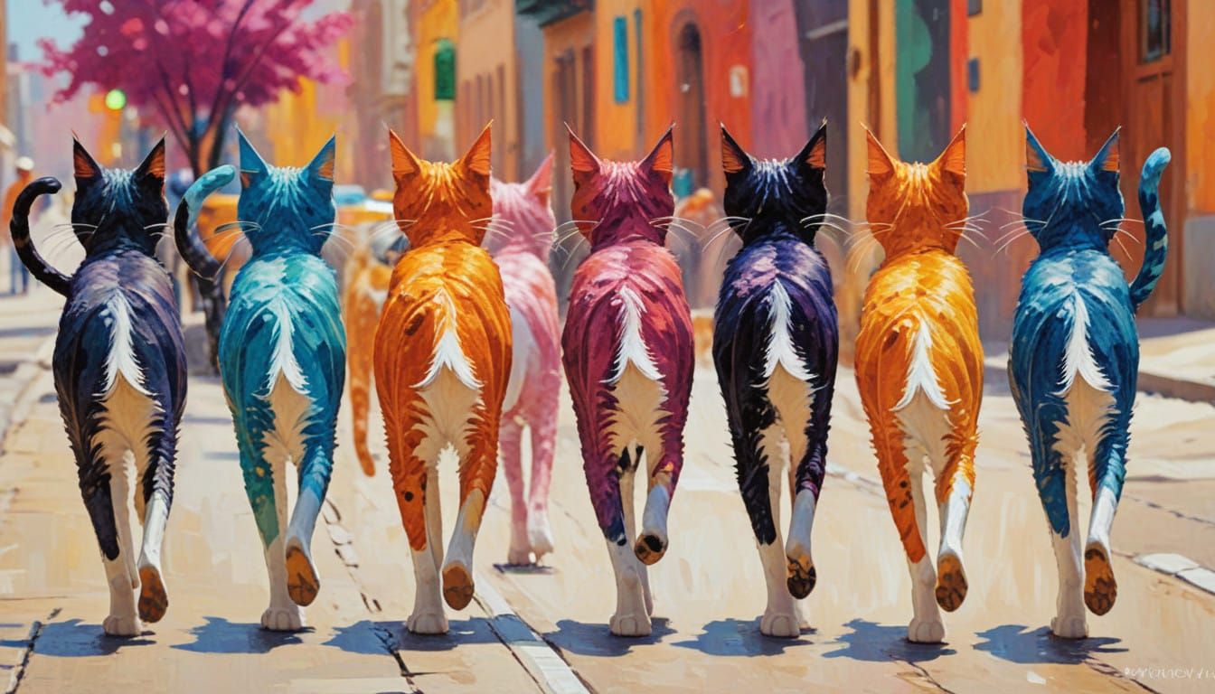 Vibrant Urban Felines in Impasto Style