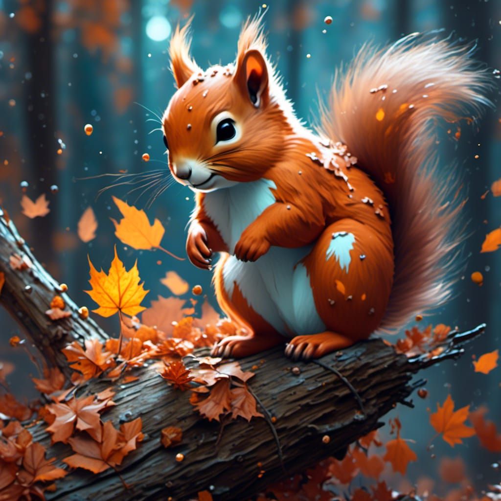 Squirrel Cub on Bioluminescent Wood, Digital Art