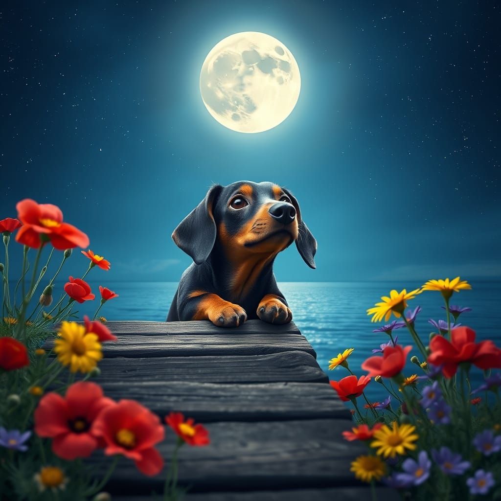 Dreamy Dachshund Gazing at Full Moon in Enchanted Night Sky