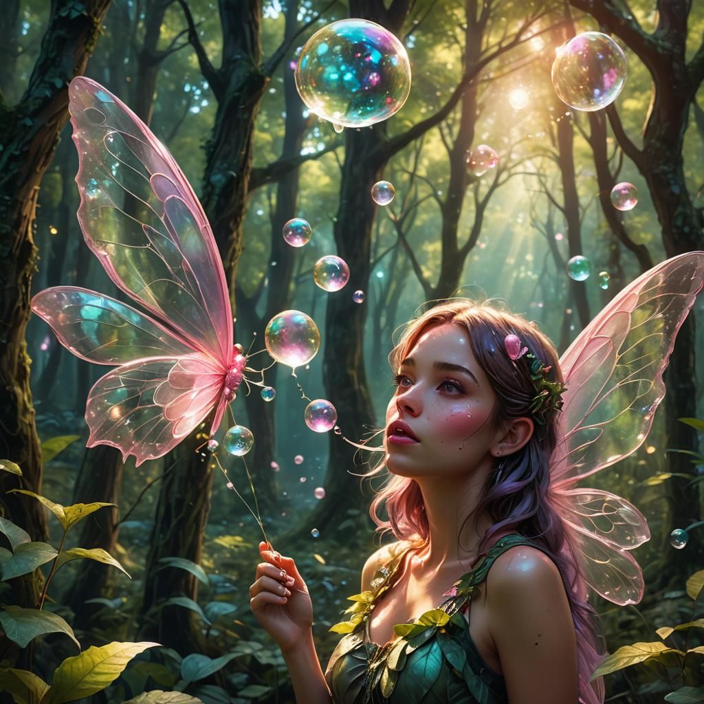 Fairy Girl with Bubble Gum in Whimsical Forest