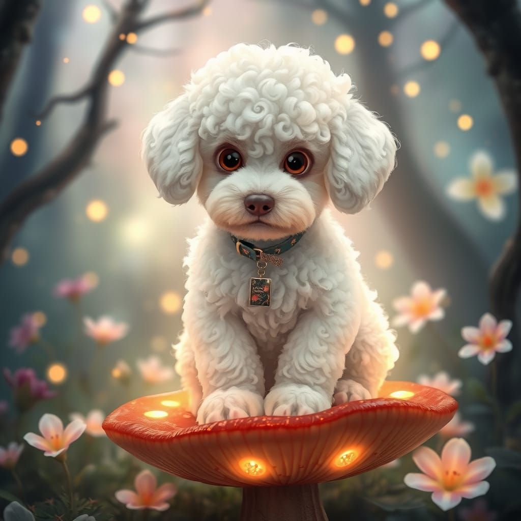 Whimsical White Poodle Puppy in Enchanted Forest