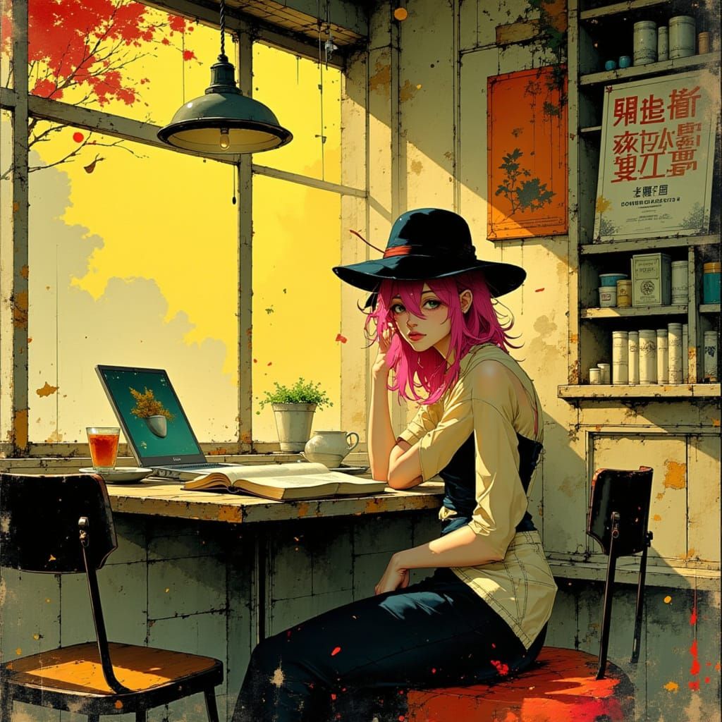 A young woman with bright pink hair sits in a cozy cafe, sipping a latte and reading a book.