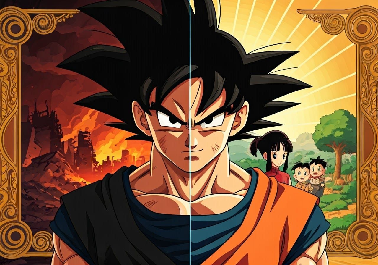 Goku Split Portrait: Art Deco, Ghibli, Underground Comix