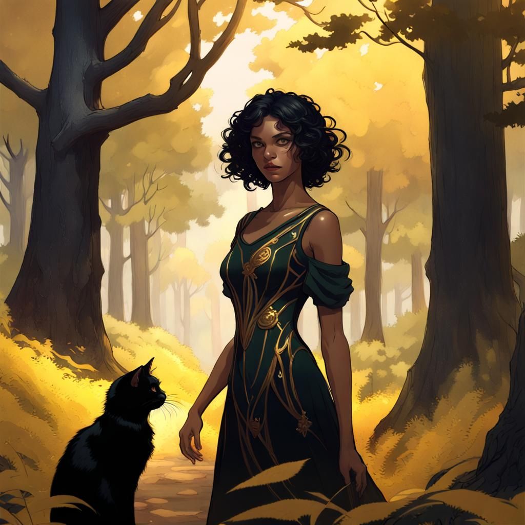 Ebony-Haired Girl with Cat in Forest Portrait