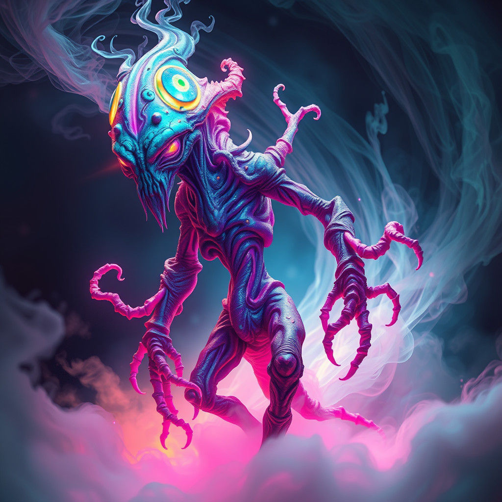 Eerie Neon Creature in Dark Fantasy Dreamscape