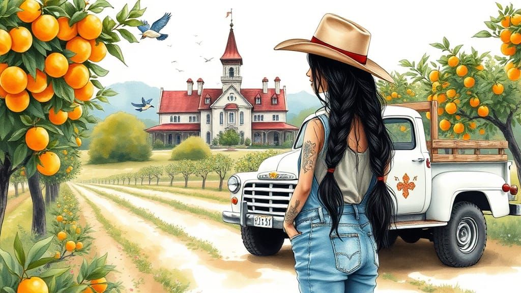 Woman Surrounded by Summer Joy in Sumi-E Style