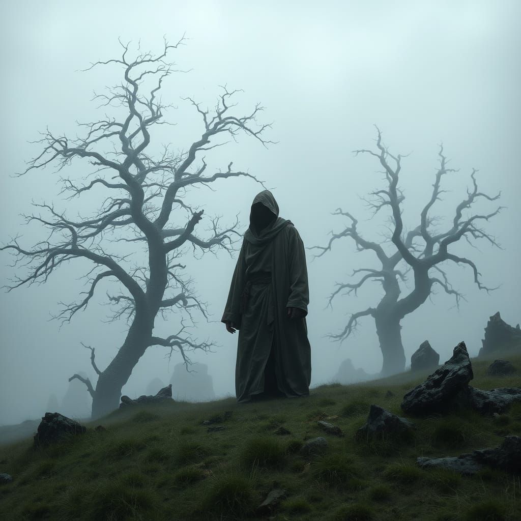 Ethereal Figure on Windswept Moor in Gothic Horror Style