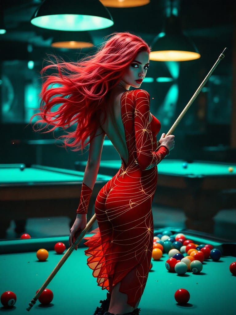 Art Nouveau Woman with Crimson Hair in Pool Hall