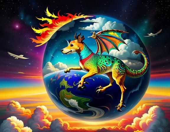 Surreal Jack Russell Terrier with Flame Tower