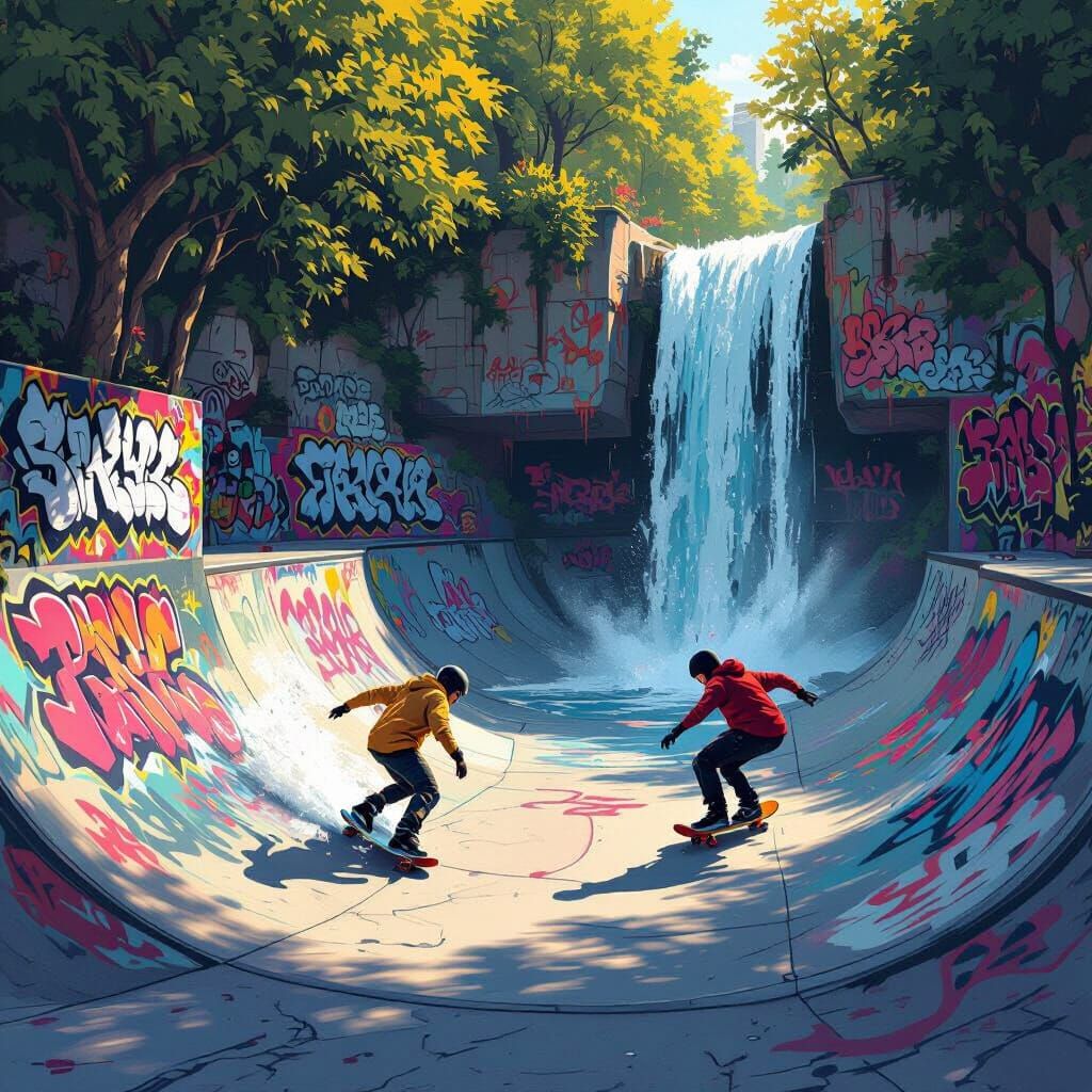 Skaters in Graffiti Skate Park with Waterfall Backdrop