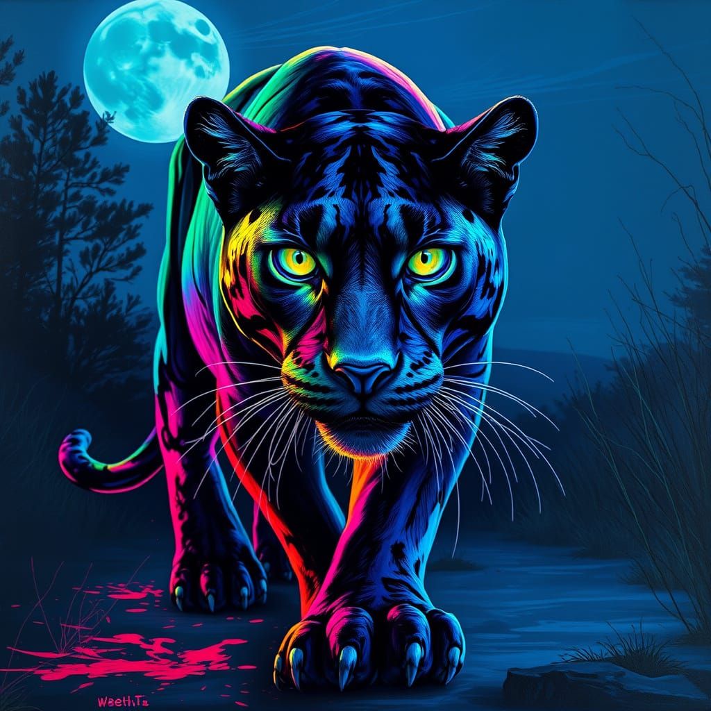 Mysterious Panther Emerges from the Night, in Cyberpunk-Insp...