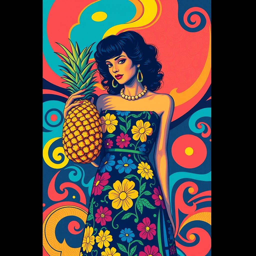 Psychedelic 1960s Poster Art: Woman with Pineapple
