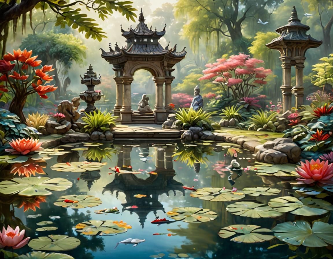 Secret Garden: Tranquil Pond Oil Painting