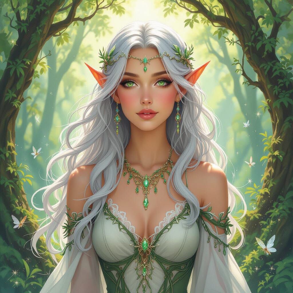 Ethereal Elf in Enchanted Forest, Art Nouveau Style