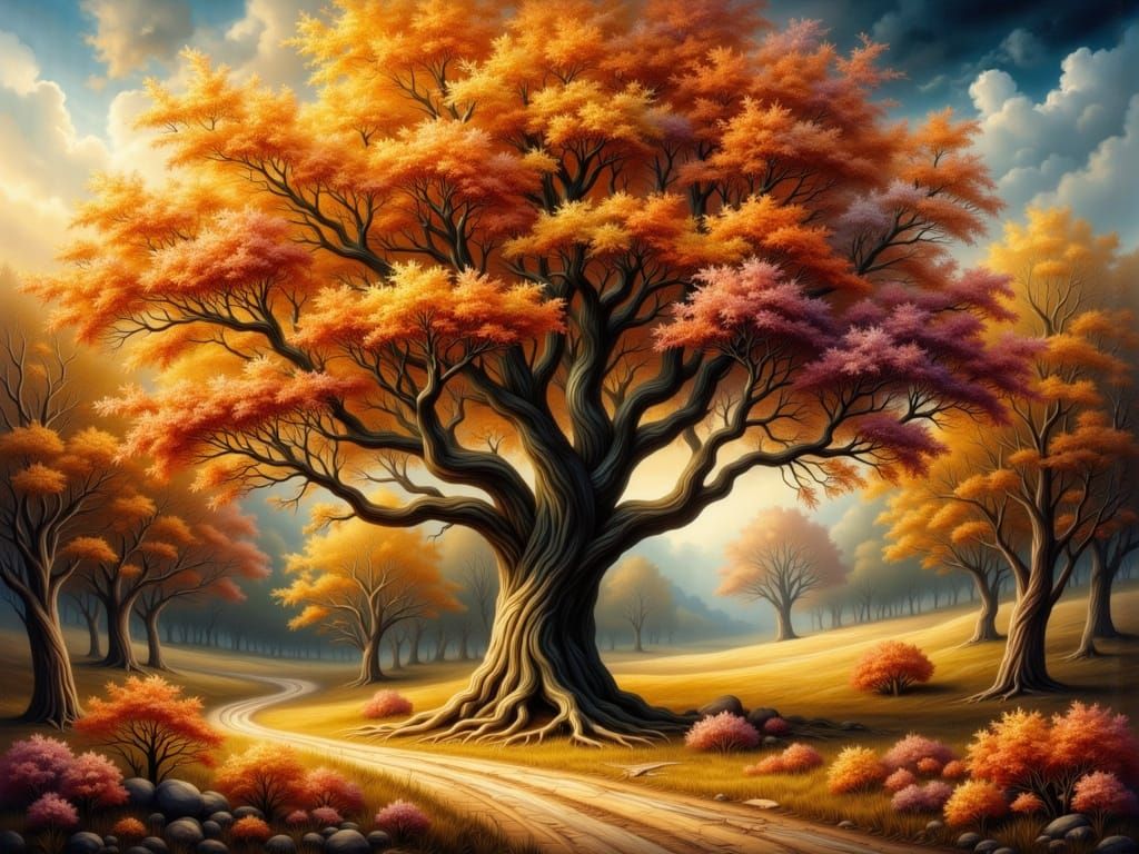 Majestic Autumn Oak Tree in Dramatic Landscape