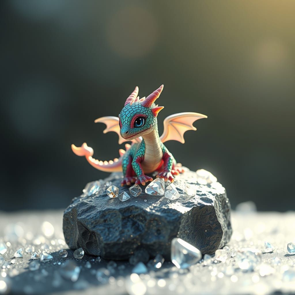 Iridescent Baby Dragon on Diamond Rock: 3D Render