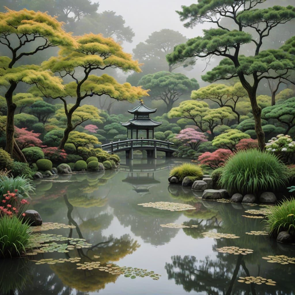 Misty Japanese Garden Morning in Impressionist Style