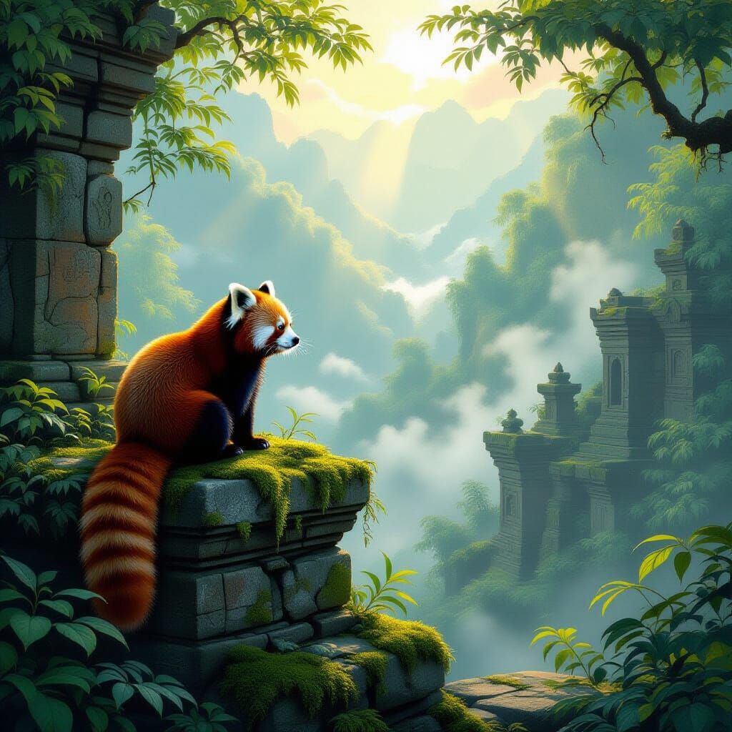 Red Panda on Ancient Ruin Overlooking Misty Jungle