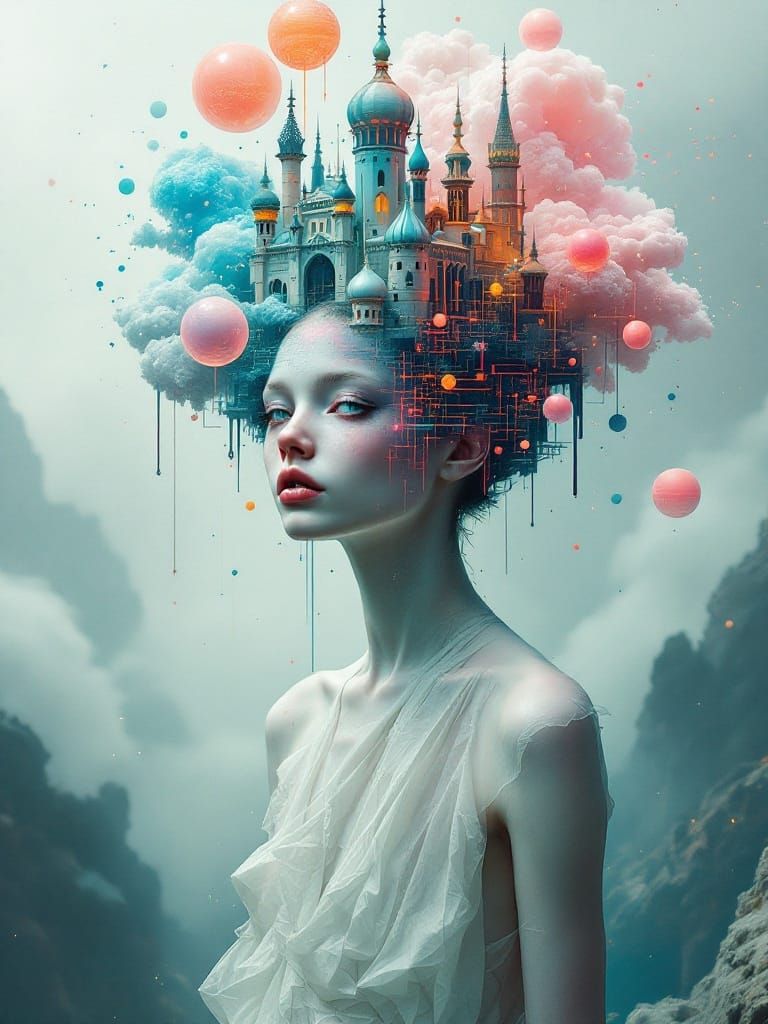 Glitch Photo of Girl Merging with Castle