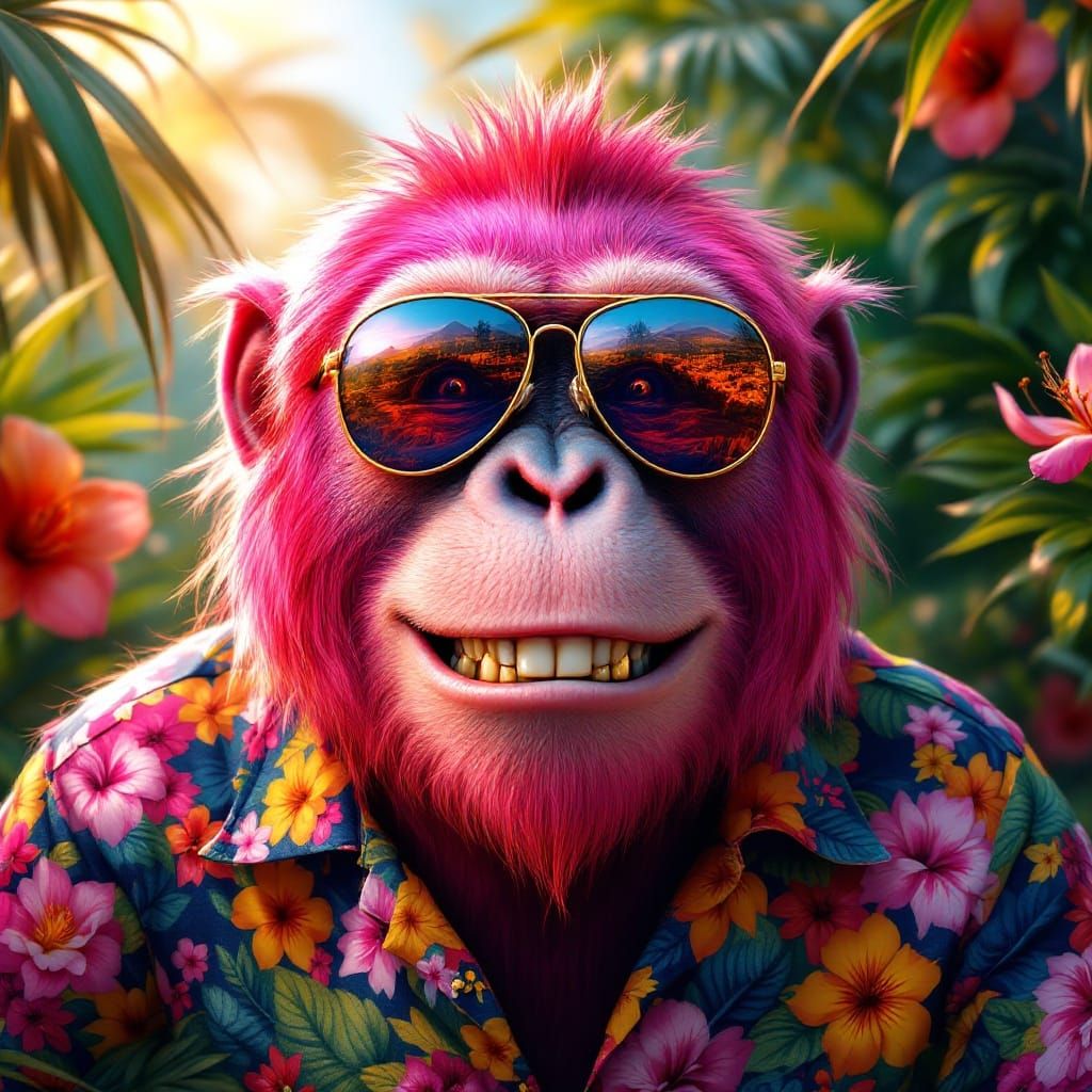Vibrant Pink Orangutan with Hawaiian Shirt and Aviator Shade...