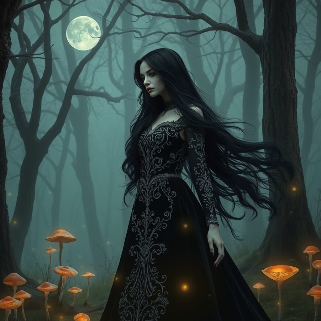 Ethereal Gothic Woman in Art Nouveau Forest