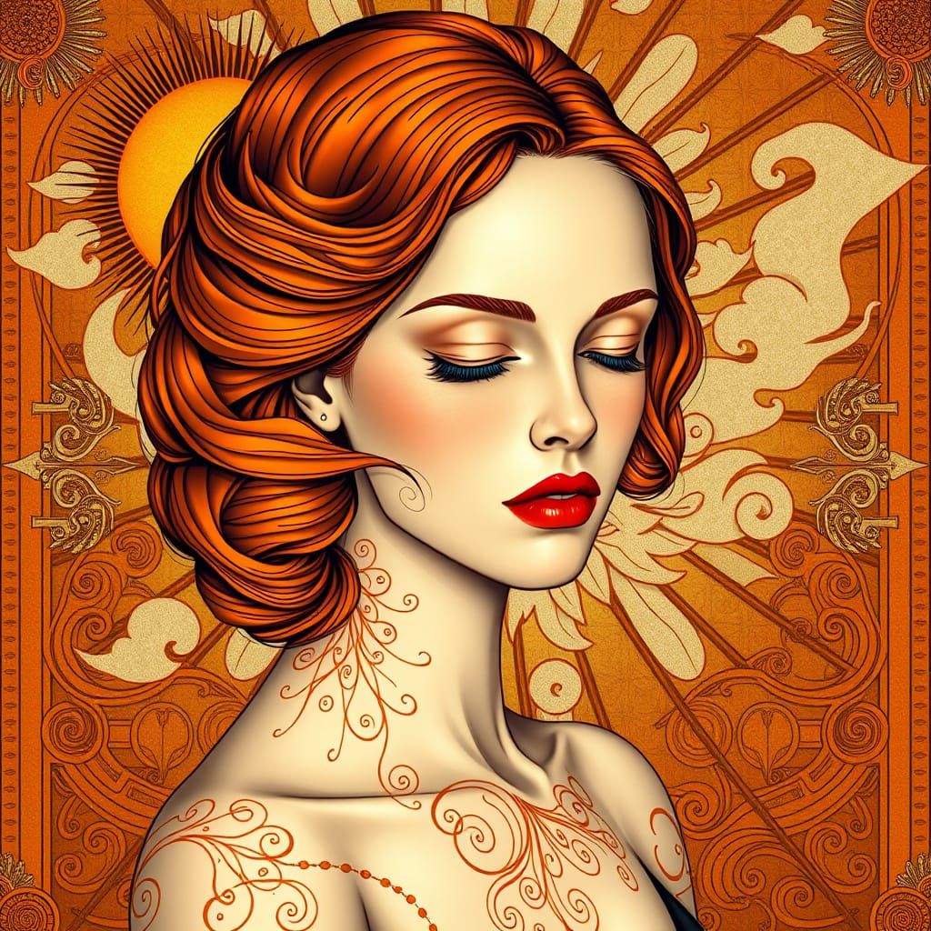 Elegant Woman in Vibrant Orange Hair, Lost in Thought