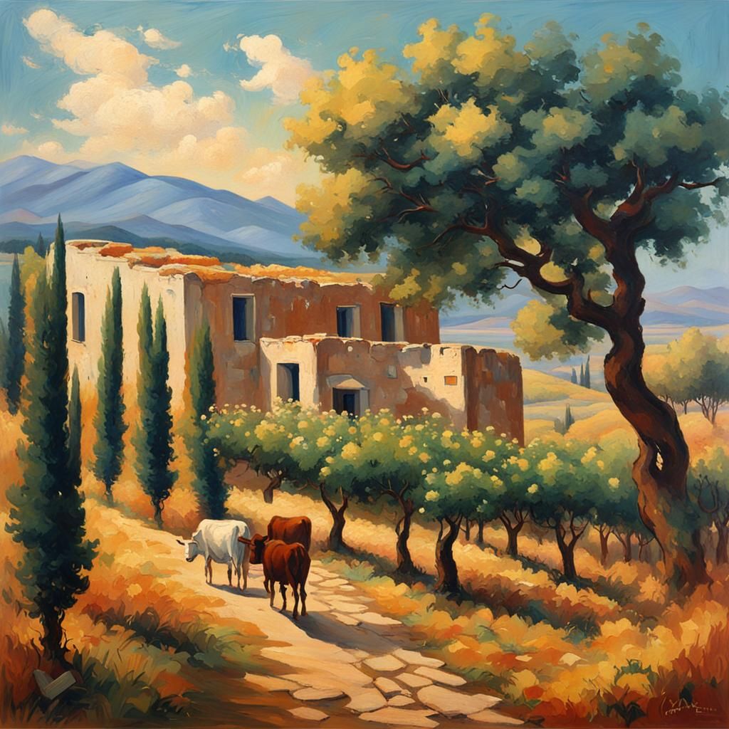 Neo-Impressionist Ancient Greek Vineyard Villa Landscape