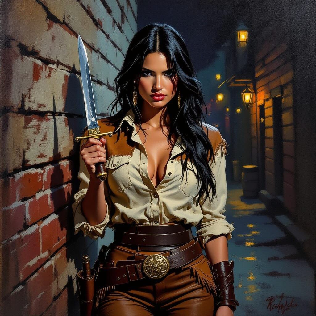 Impressionistic Oil Painting: Native American Woman with Kni...