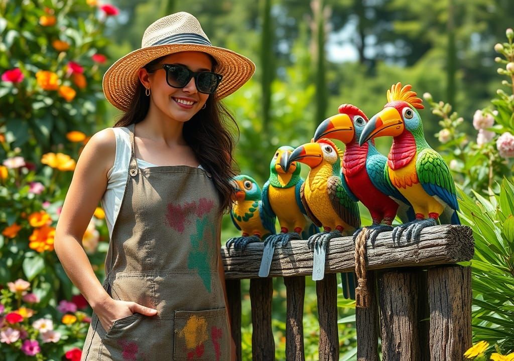 Artist Creates Cartoon Jungle Birds in Garden