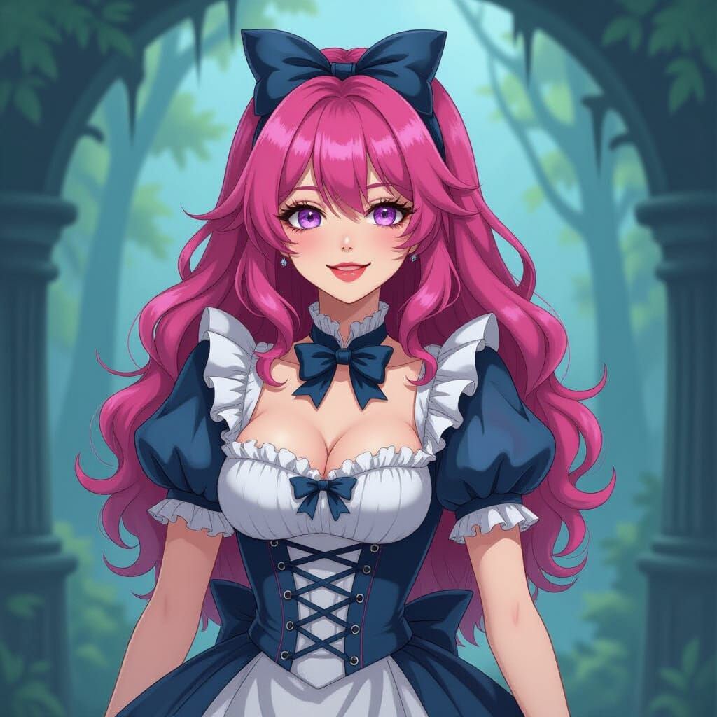 Pink Haired Woman in Creepy Alice Outfit in Wonderland