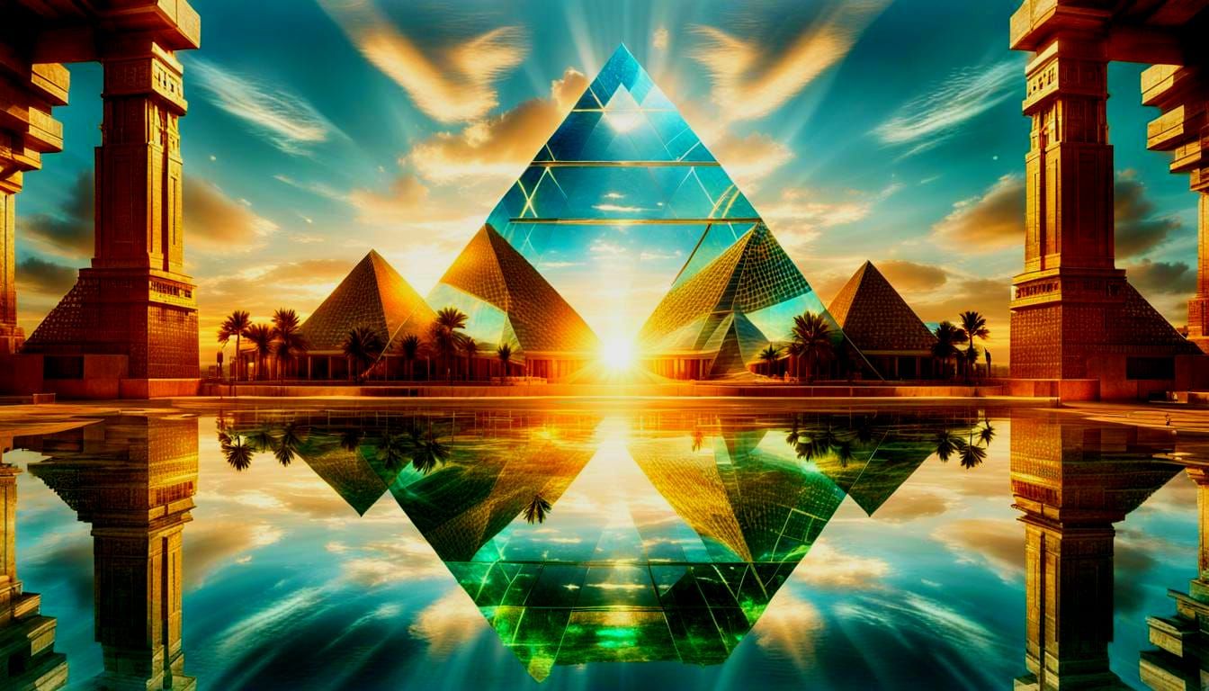 Futuristic Pyramid Temple with Double Exposure Effect