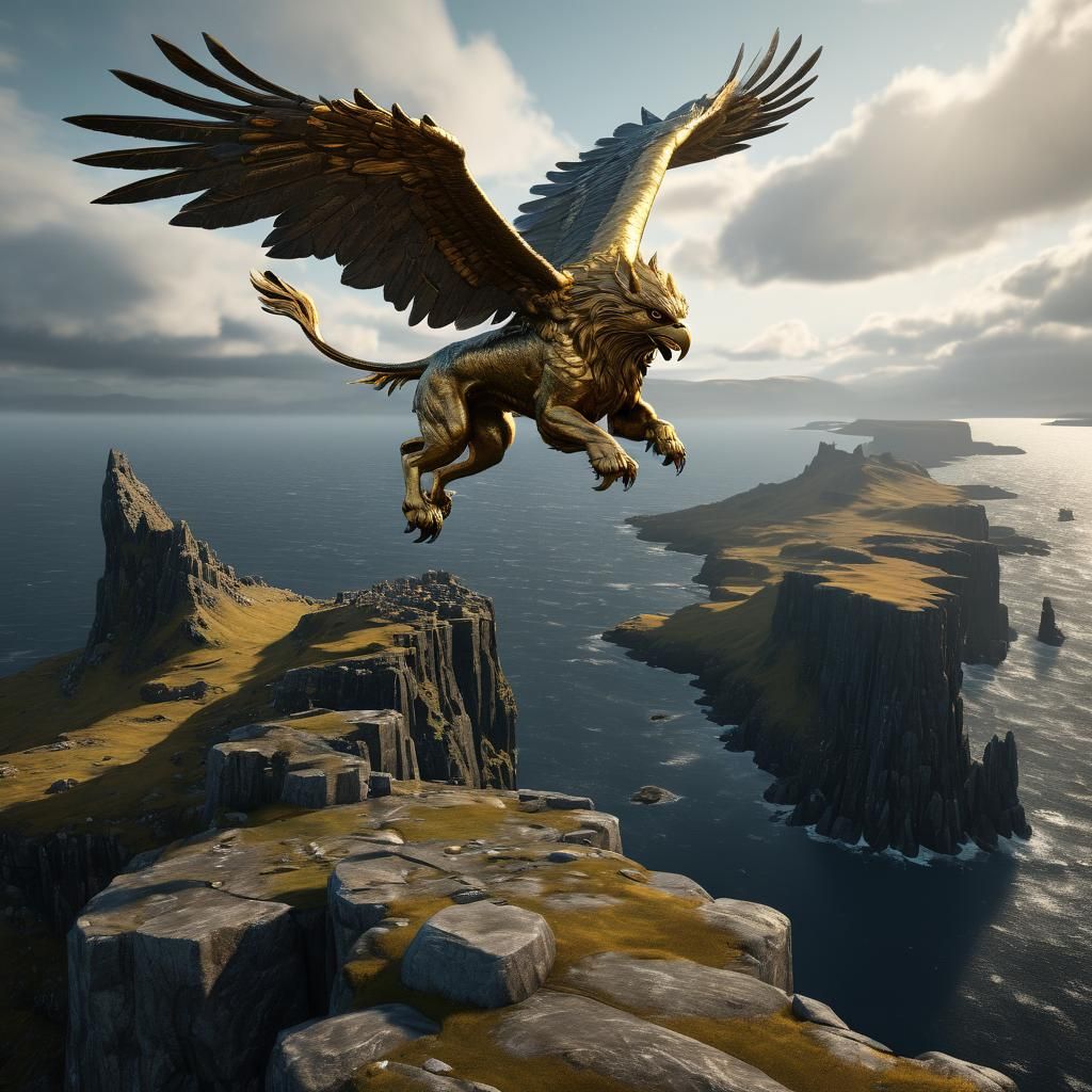 Golden Gryphon Over Isle of Skye: Dark Fantasy Art