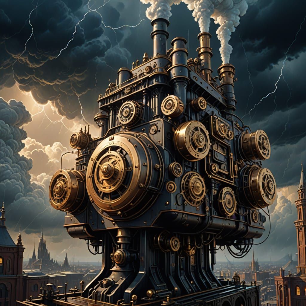 Steampunk Fortress Above Metropolis in Stormy Sky